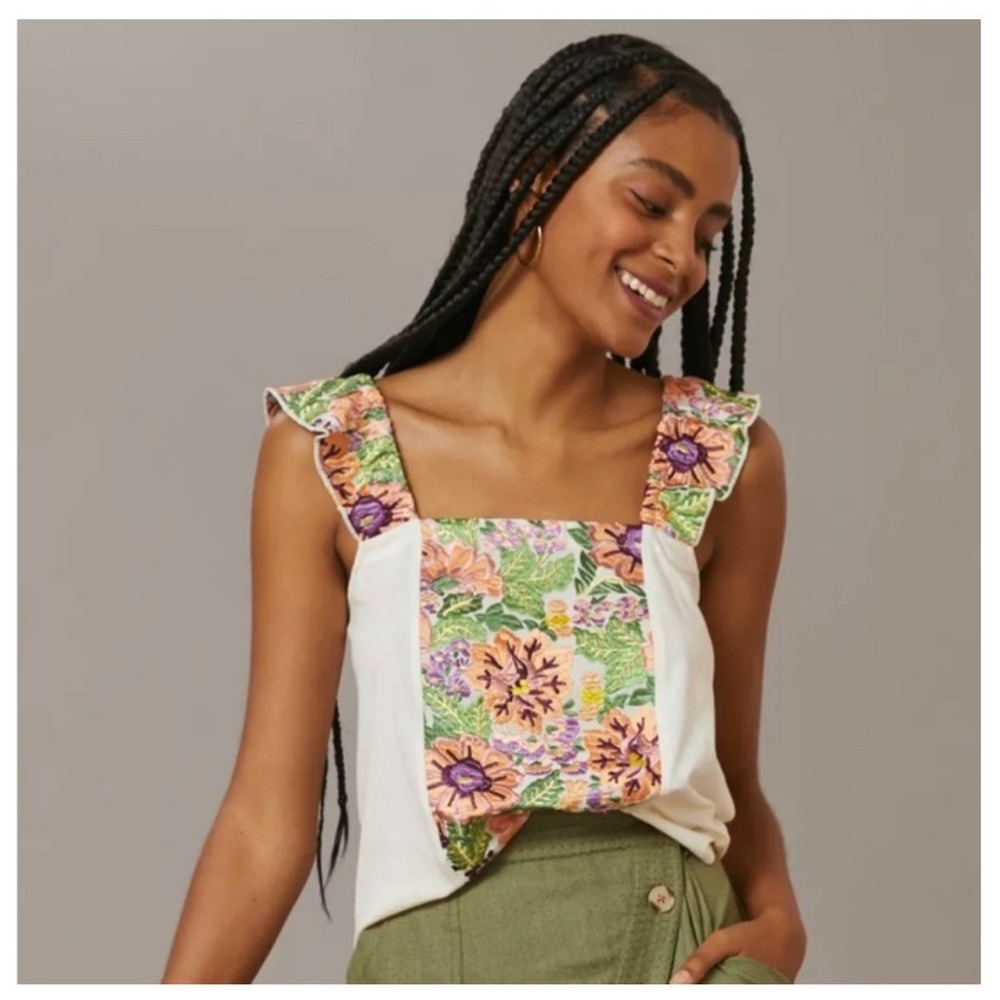 Anthropologie Tiny Marin Floral Embroidered Tank Cream Women S Cottagecore Boho
